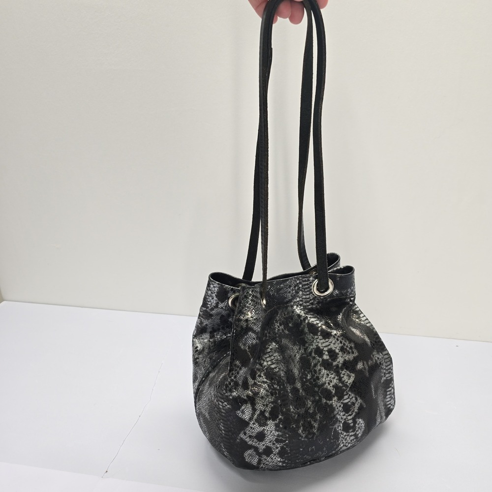 Elamani Black Silver Metallic Snakeskin Leather Bucket Drawstring Shoulder Bag